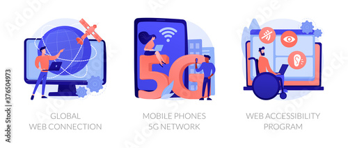 Global network communication abstract concept vector illustration set. Global web connection, mobile phones 5G network, web accessibility program, satellite, GPS technology internet abstract metaphor.
