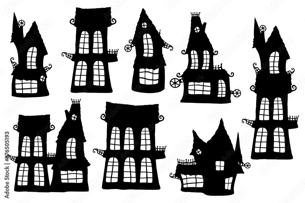 Fairy tail houses silhouettes set on white background