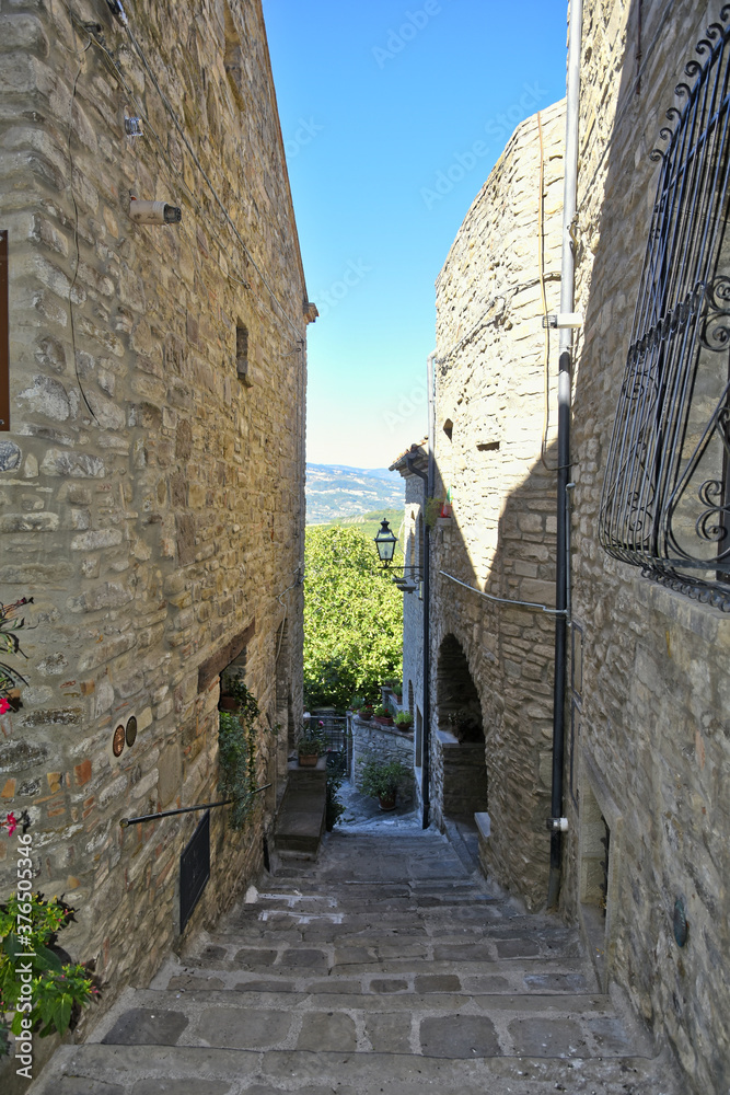 A narrow street among the old houses of Guardia Perticara, a rural village in the Basilicata region, Italy.