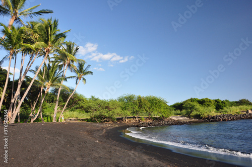 View of Punalu'u black sand beach, on the Big Island of Hawaii