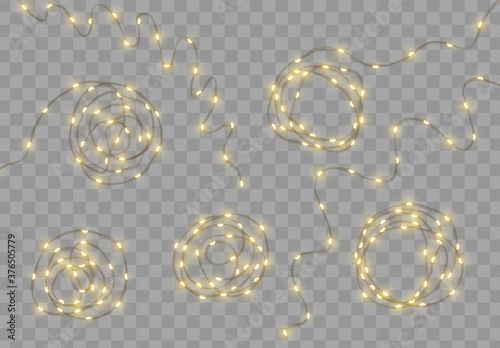 Christmas lights garlands. Festive design elements. Celebrate realistic object. Holiday Xmas Decor drip dew led lamp. New Year light effects isolated. Vector illustration.