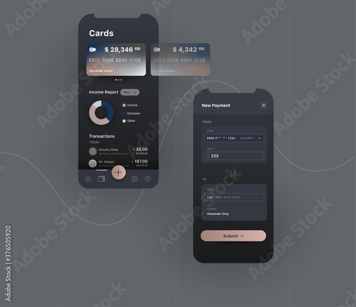 Bank finance mobile application, wallet with bank account cards and money trasition screens, user interface design in dark colour