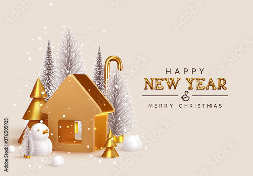 Happy New Year! Christmas trees lush and 3d golden conical fir, winter snow composition. Gold house. New Year Gold metal volumetric title text. Xmas holiday gift card. Creative stylish background