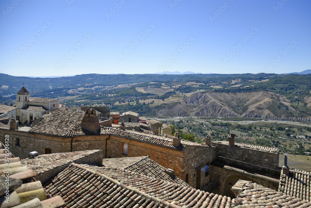 Panoramic view of Guardia Perticara, a village in the mountains of the Basilicata region, Italy.