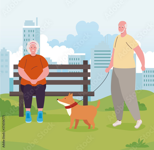 old couple in park outdoor with dog mascot vector illustration design
