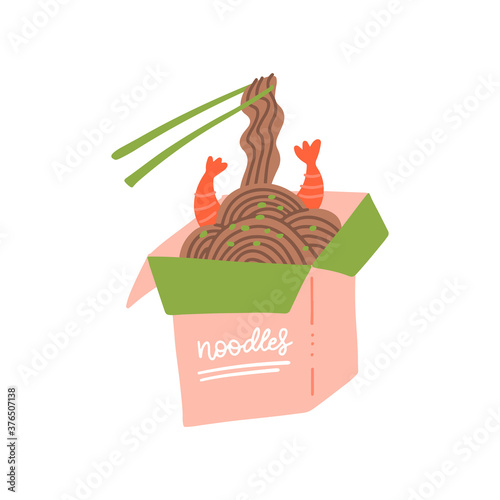 Wok box with shrimps and soba noodles. Traditional asian food. Chinese, Japanese cuisine. Fast food takeout in a box. Minimalistic flat hand drawn design. Isolated on white cartoon illustration