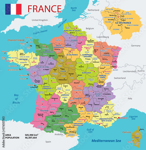 Vector Map of France with detailed Administrative divisions and borders  City and Region Names and international bordering countries in bright colors palette
