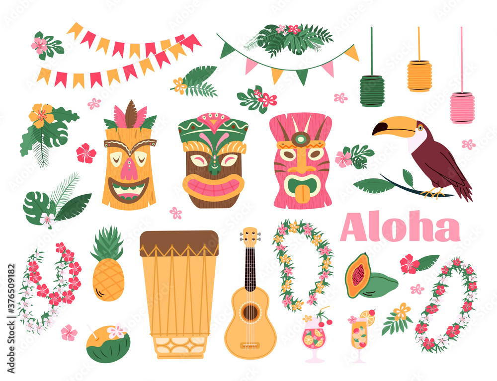 Set of traditional hawaii attributes. Masks and hawaiian guitar or ukulele and leaves for dresses with flowers, flat cartoon vector illustration isolated Set of traditional hawaii attributes. Masks and hawaiian guitar or ukulele and leaves for dresses with flowers, flat cartoon vector illustration isolated