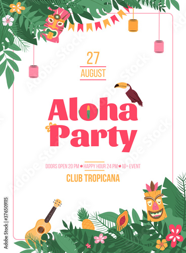 Invitation poster for Aloha Party in Hawaiian style with tropical leaves and Tiki mask, cartoon vector illustration. Summer party invitation template.