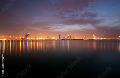 Bahrain skyline at sunset with beautiful hue in the sky