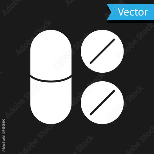 White Toothache painkiller tablet icon isolated on black background. Tooth care medicine. Capsule pill and drug. Pharmacy design. Vector.