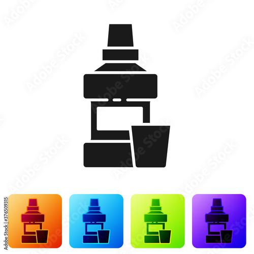 Black Mouthwash plastic bottle and glass icon isolated on white background. Liquid for rinsing mouth. Oralcare equipment. Set icons in color square buttons. Vector.