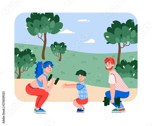 Family doing sports in park outdoors. Couple with child exersizing with dumbbells squatting healthy lifestyle, flat cartoon vector illustration isolated white background