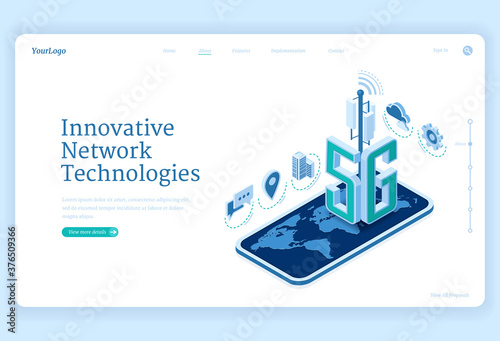 5g network technologies isometric landing page. Innovative wireless mobile telecommunication new generation cell service. Smartphone with world map, internet speed connection 3d vector web banner