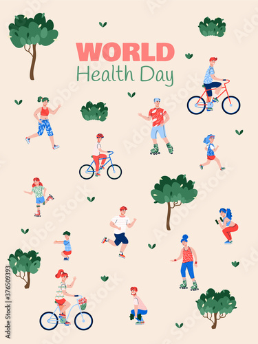 Banner or poster for World Health Day with people performing sport outdoor activity at backdrop of summer park, flat vector illustration. Idea of healthy lifestyle. © Kudryavtsev