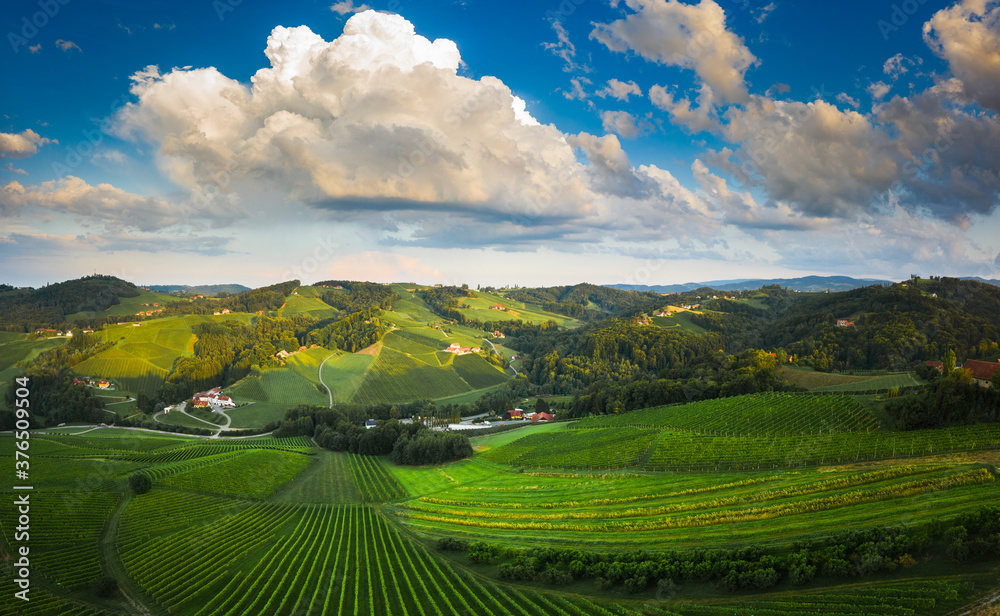 South styria vineyards aerial panorama landscape, near Gamlitz, Austria, Eckberg, Europe. Grape hills view from wine road in spring. Tourist destination, travel spot. South styria vineyards aerial panorama landscape, near Gamlitz, Austria, Eckberg, Europe. Grape hills view from wine road in spring. Tourist destination, travel spot.