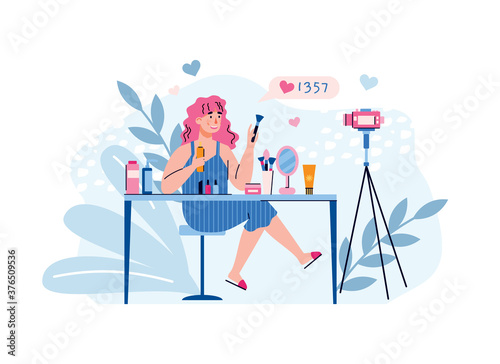 Videoobloger young woman shooting content for makeup fashion beauty blog behind camera on tripod, flat vector illustration isolated on white background.