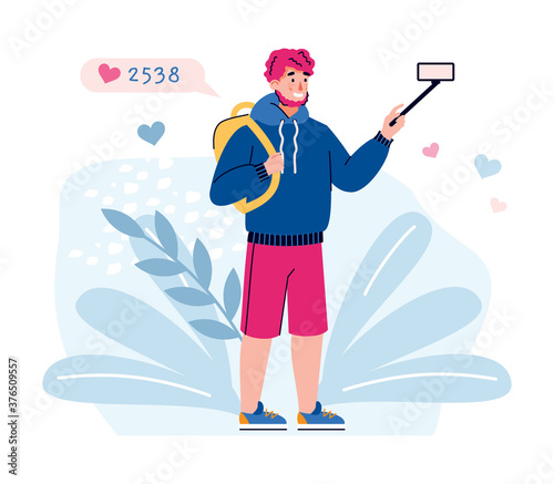 Man filming travel vlog with mobile phone. Vlogger getting likes and views on his travel video, flat cartoon vector illustration isolated white background