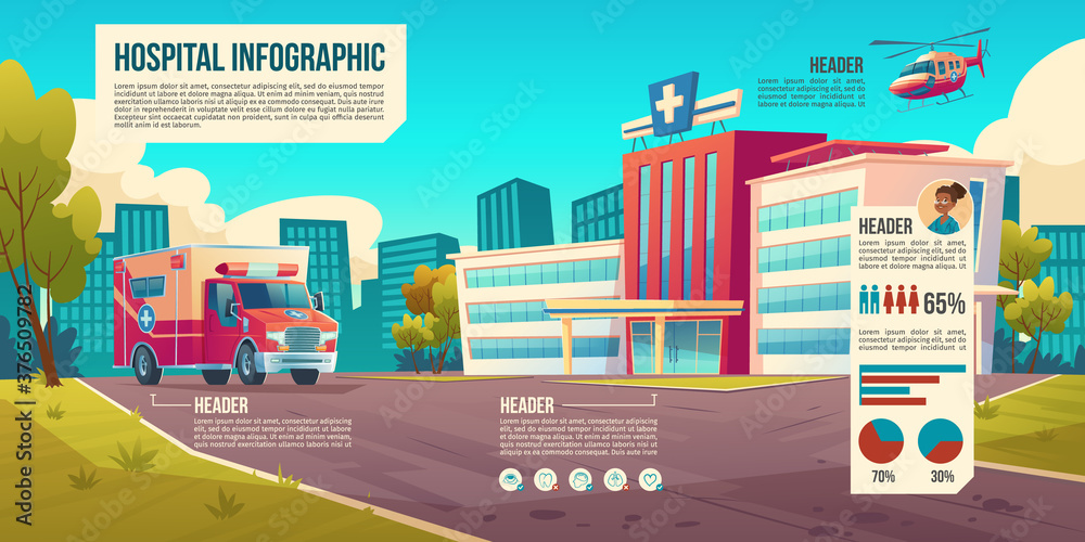 Medicine infographic background with hospital building, ambulance car and helicopter. Vector cartoon cityscape with medical clinic on town street and information elements, charts, icons and data
