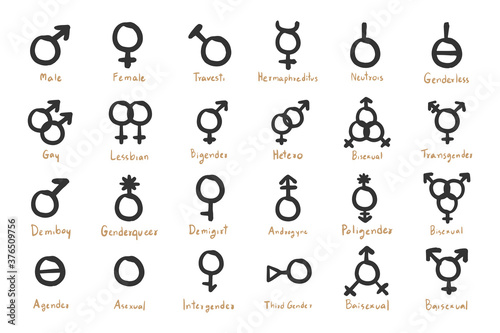 Gender symbols icon set. Male and female symbol - Hand drawn doodle icons set.  photo