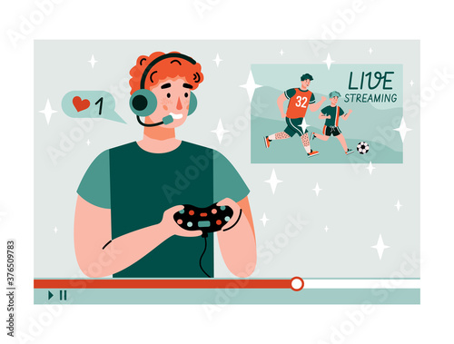 Young man streaming playing videogame on camera for subscribers and viewers. Guy doing cybersports, flat cartoon vector illustration isolated white background