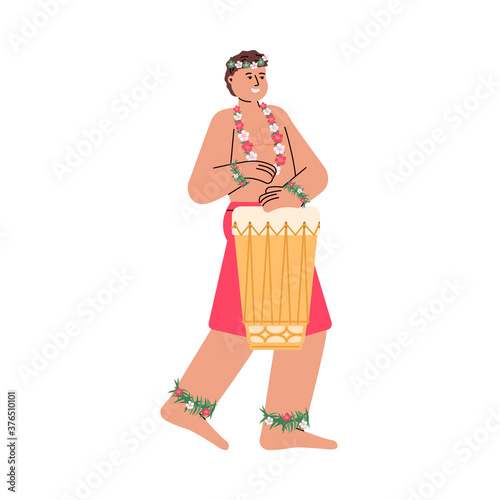 Young man Hawaiian hula dancer and musician with drums, cartoon flat vector illustration isolated on white background. Hawaiian character for summer vacation topic.