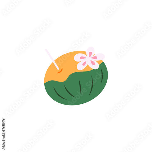 Green coconut cocktail with drinking straw and flower of Hibiscus, flat vector illustration isolated on white background. Tropic Hawaiian or Brazilian drink.