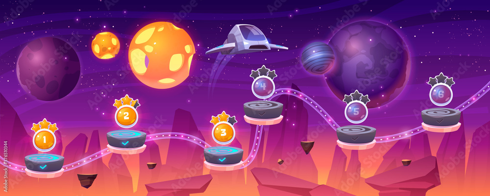 Space game level map with spaceship and alien planets, cartoon 2d gui landscape, computer or mobile arcade with platform and bonus items. Cosmos, universe futuristic background vector illustration