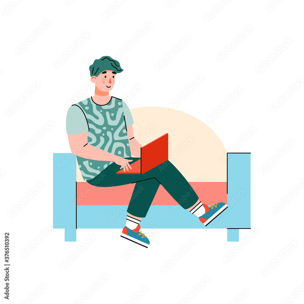 Man freelancer working remotely sitting on sofa at home, flat cartoon vector illustration isolated on white background. Remote occupation, outsource work and freelance.