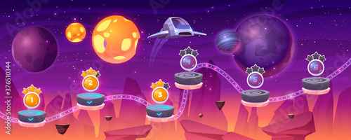 Space game level map with spaceship and alien planets, cartoon 2d gui landscape, computer or mobile arcade with platform and bonus items. Cosmos, universe futuristic background vector illustration