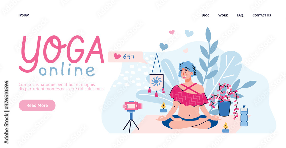 Web site page interface for online yoga training with woman in lotus asana, flat cartoon vector illustration. Online education and sport training landing page.
