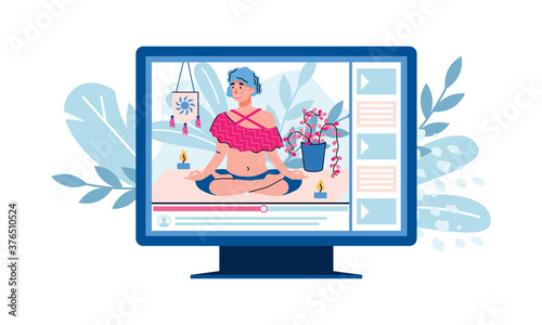 Computer screen with video sport training tutorial, flat cartoon vector illustration isolated on white background. Video blogger leading live broadcast.