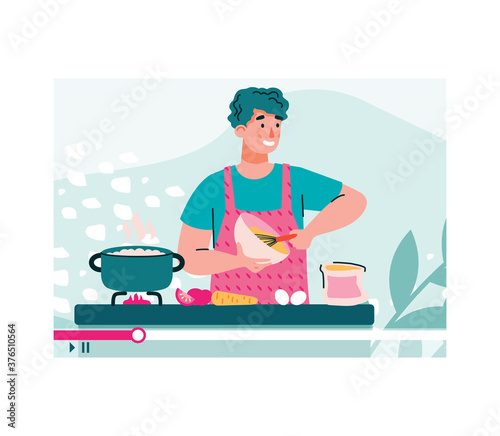 Blogger or vlogger man shooting cooking tutorial, flat cartoon vector illustration isolated on white background. Cooking culinary video blog content recording process.