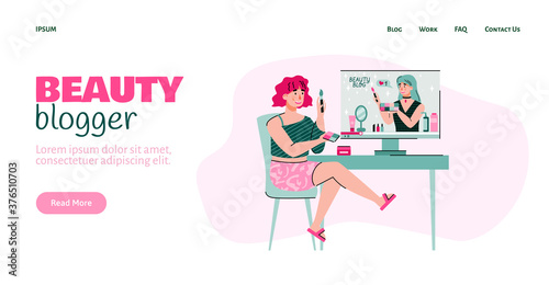 Website page layout for beauty blogger with character of woman watching video blog, cartoon vector illustration. Internet marketing and blog monetization and conversion.