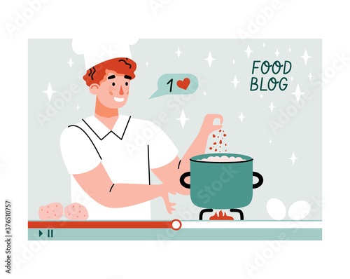 Recording of food blog with cartoon character of blogger cooking online, flat vector illustration isolated on white background. Culinary recipe video tutorial.