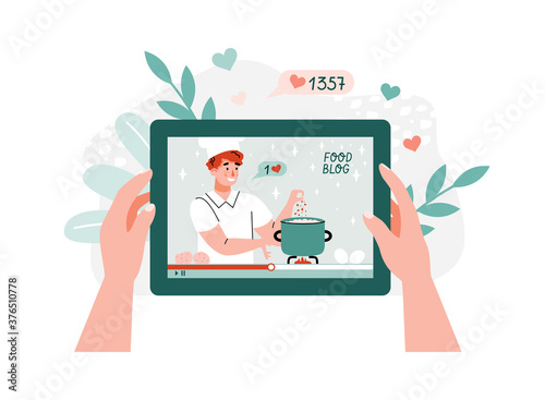 Hands holding tablet with online cooking video tutorial, flat cartoon vector illustration isolated on white background. Video lesson from food blogger.