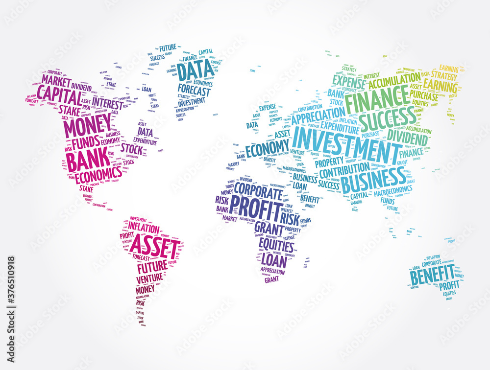 Investment word cloud in shape of world map, business concept background