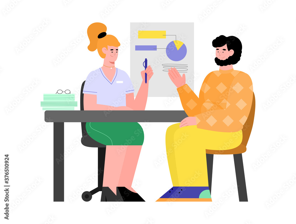 Consultation with specialist and professional expert, cartoon vector illustration isolated on white background. Man and woman at desk in room with diagrams on the wall.