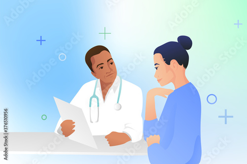 An adult male doctor in a white coat with a stethoscope reports the test results to a patient. The doctor and the patient sit at the same table and talk.