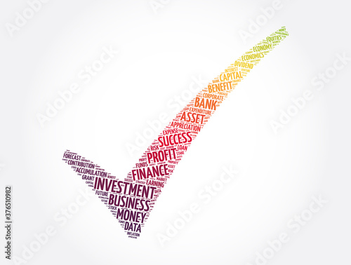 Investment check mark word cloud collage, business concept background