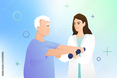 Young girl doctor helping an elderly patient with physiotherapy. Old man with dumbbells doing exercises with the help of a nurse.