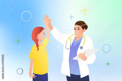 Adult woman doctor in a white coat check up little patient. High five, hospital people and child on mesh gradient with elements, greet each other.
