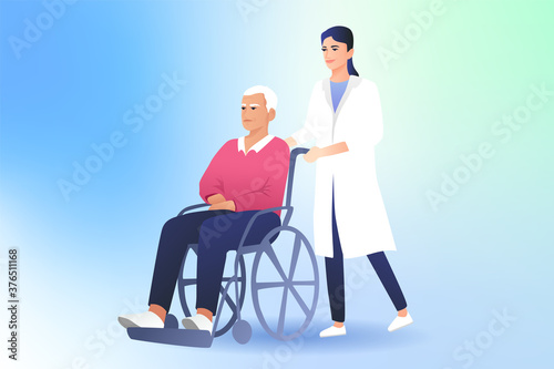 Young girl doctor on a walk with an elderly man in a wheelchair. The nurse pushes the wheelchair with old man. Concentration of medical personnel.