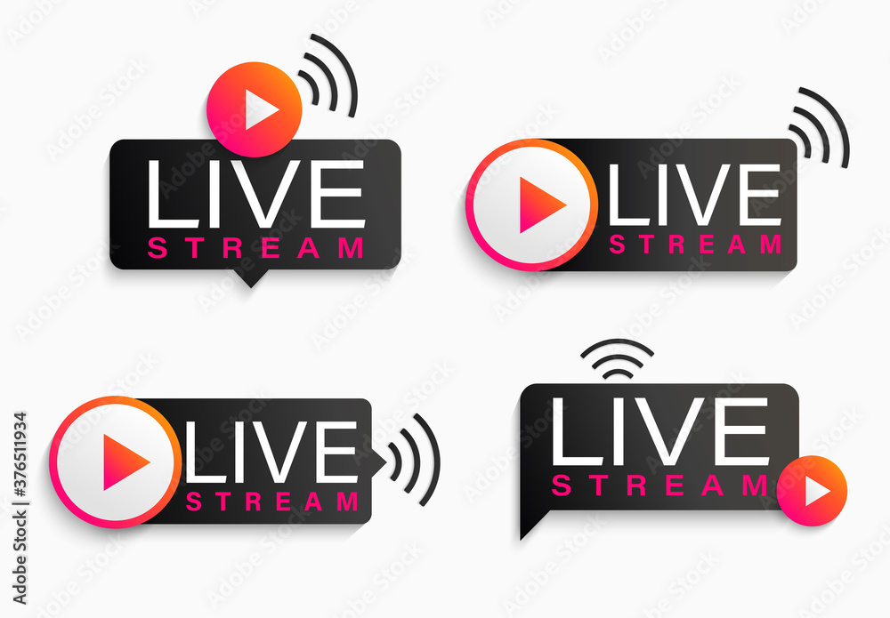 Vecteur Stock Set live stream logos, symbols, icons with play button.  Emblems for broadcasting, online tv, sport, news and radio streaming.  Template for shows, movies and live performances. Vector illustration. |  Adobe