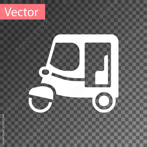White Taxi tuk tuk icon isolated on transparent background. Indian auto rickshaw concept. Delhi auto. Vector.