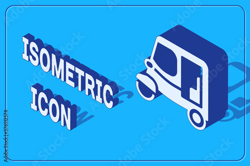 Isometric Taxi tuk tuk icon isolated on blue background. Indian auto rickshaw concept. Delhi auto. Vector.
