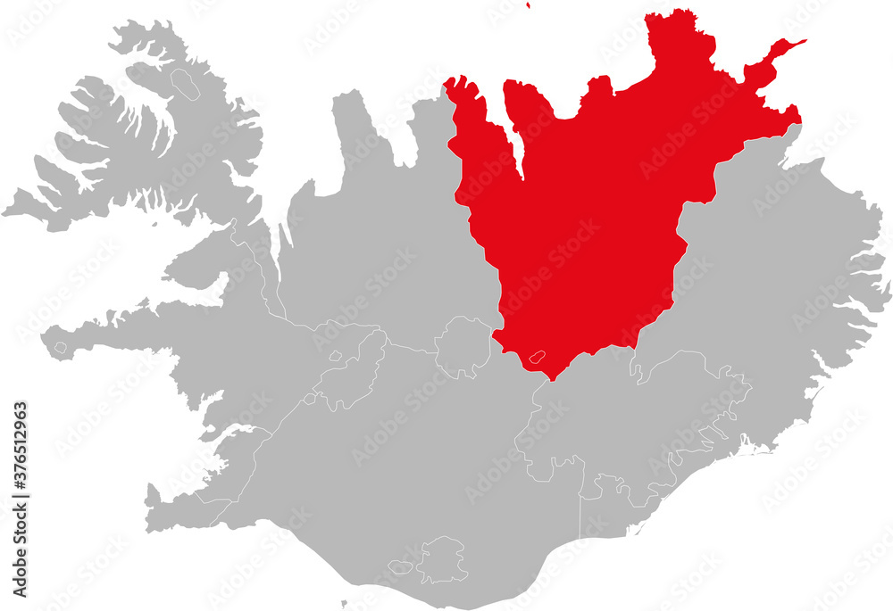Nordurland Eystra provinces isolated on Iceland map. Gray background. Backgrounds and Wallpapers.