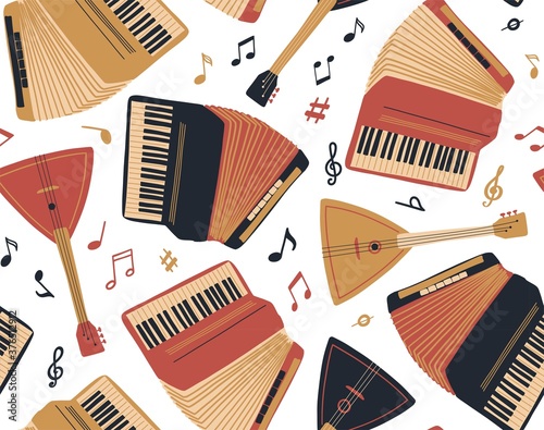 Seamless pattern with accordion,guitar, balalaika and sheet music. International Music Day. Vector musical instrument set. Freehand doodle elements