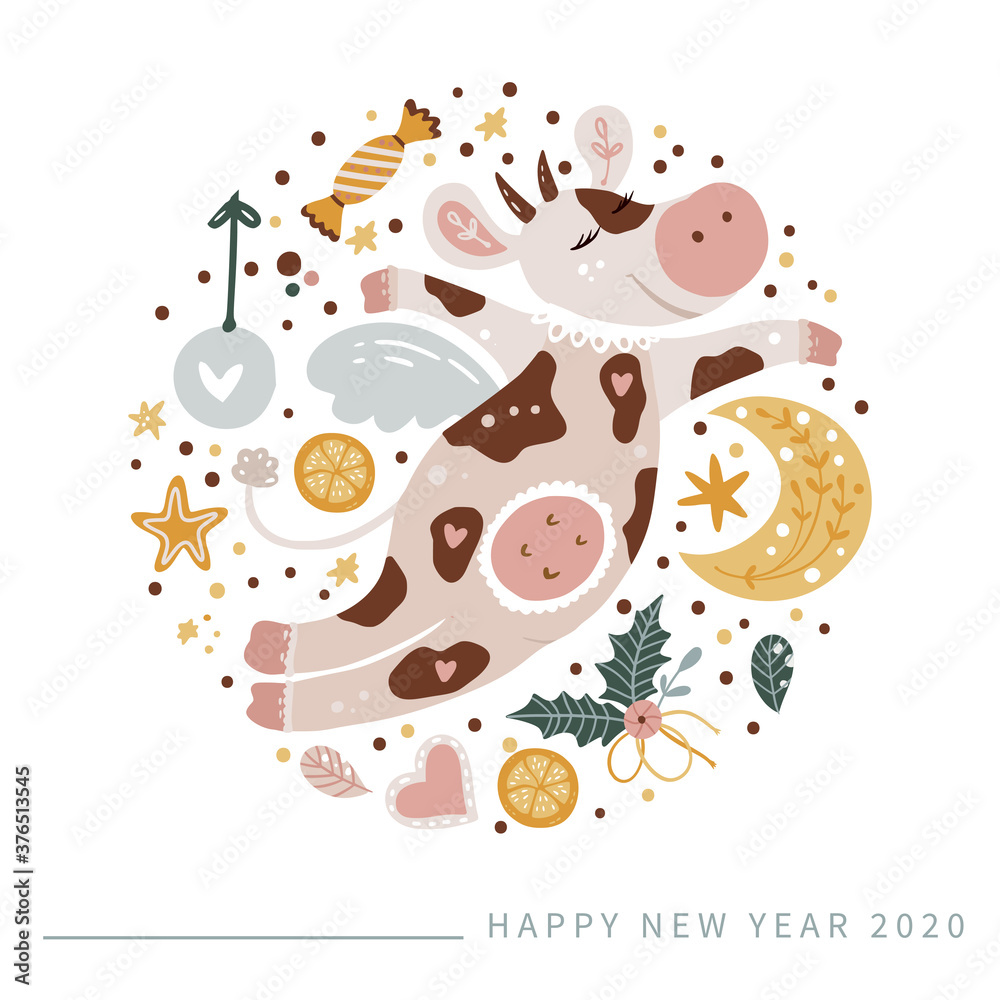 Christmas cute cartoon circle flying cow vector illustration. Animal ornate card on white. Perfect for kid apparel print and greeting poster. New Year 2021. 