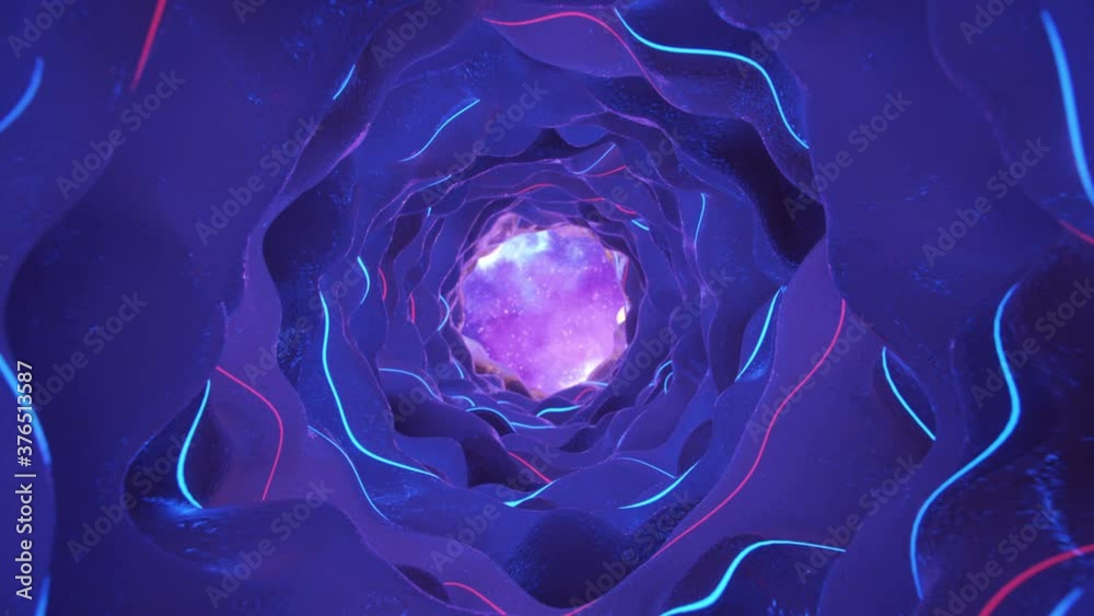 Cosmic wormhole portal with flashing ultraviolet neon lights. Abstract futuristic design. Seamless loop 3D render animation with depth of field